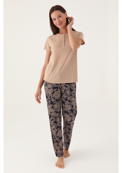 Straight Bej Kadın Kısa Kol Pijama Takımı modelleri