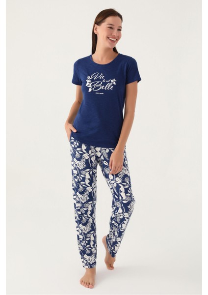 Belle Lacivert Kadın Kısa Kol Pijama Takımı