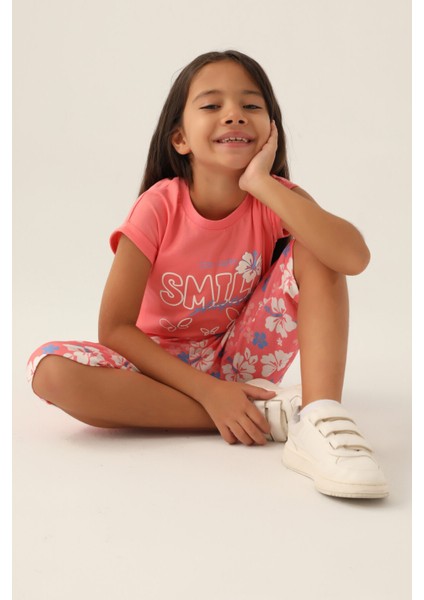 Smile Anytime Neon Pembe Kız Çocuk Kapri Takım