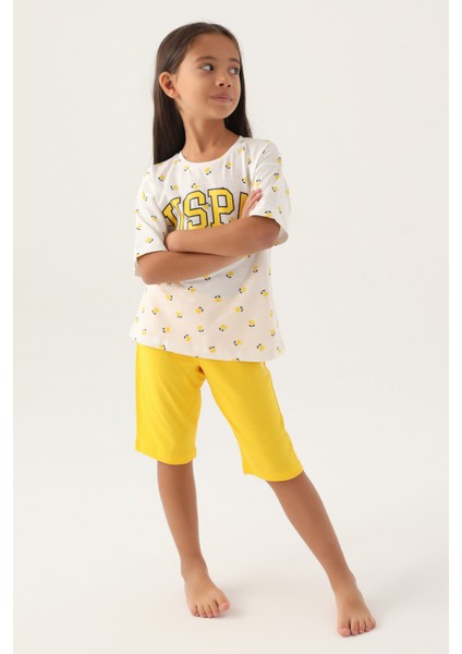 Lisanslı Heart Pattern Sarı Kız Çocuk Kapri Takım