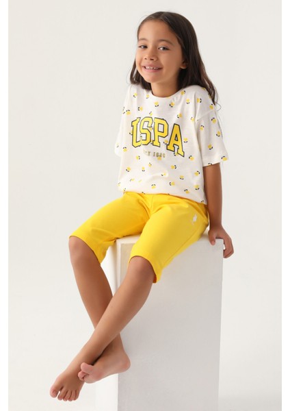 Lisanslı Heart Pattern Sarı Kız Çocuk Kapri Takım fiyatları