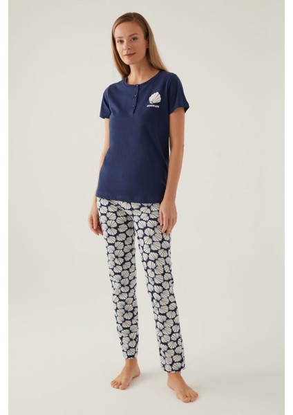 Beach Koyu Indigo Kadın Kısa Kol Pijama Takımı