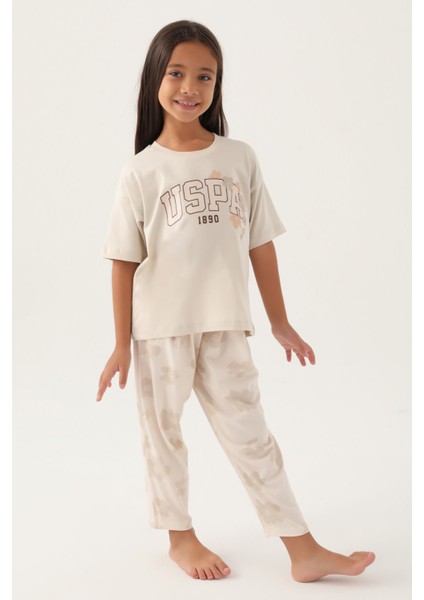 Lisanslı Floral Pattern Bej Kız Çocuk Pijama Takımı modelleri