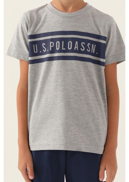 U.S. Polo Assn. Lisanslı Rectangular Pattern Gri Melanj Erkek Çocuk Bermuda Takım