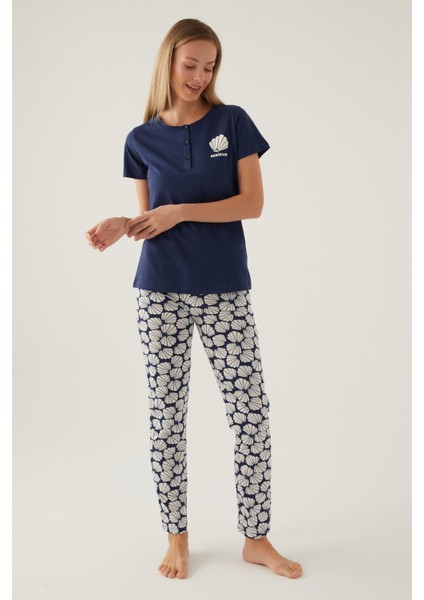 Beach Koyu Indigo Kadın Kısa Kol Pijama Takımı modelleri