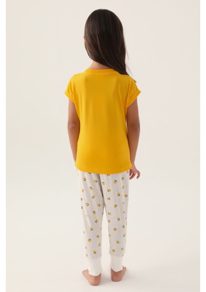 Lisanslı Text Printed Sarı Kız Çocuk Pijama Takımı