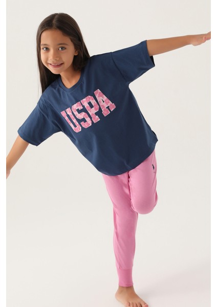 Lisanslı Floral Text Koyu Indigo Kız Çocuk Pijama Takımı modelleri