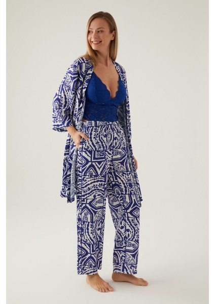 Fancy Lacivert Kadın 3lü Kısa Kol Kısa Kol Pijama Takımı