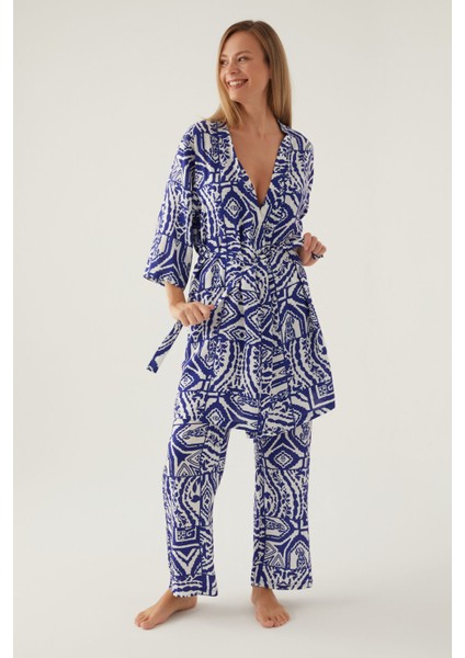 Fancy Lacivert Kadın 3lü Kısa Kol Kısa Kol Pijama Takımı fiyatları