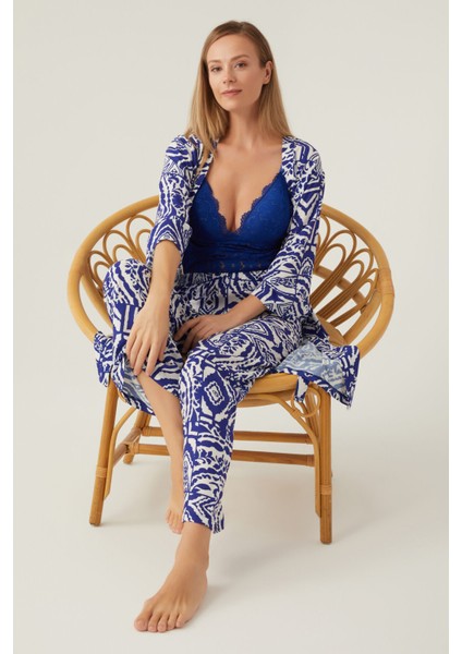 Fancy Lacivert Kadın 3lü Kısa Kol Kısa Kol Pijama Takımı modelleri