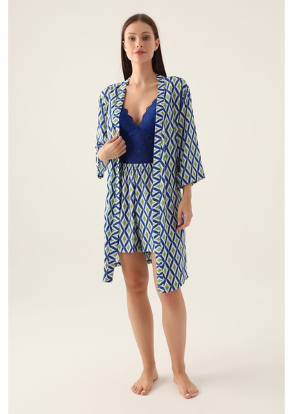 Triangle Mavi Kadın 3lü Kısa Kol Kısa Kol Pijama Takımı