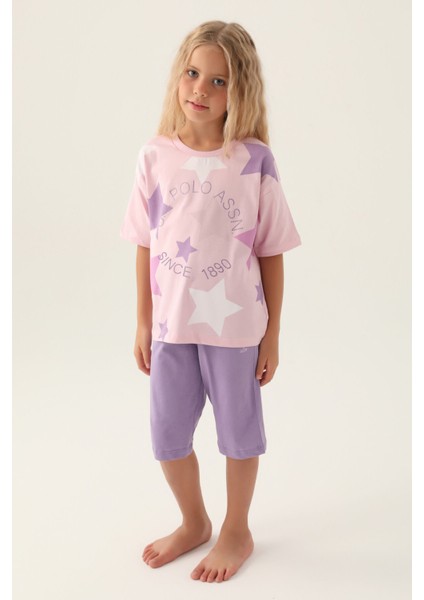 Lisanslı Star Printed Toz Pembe Kız Çocuk Kapri Takım