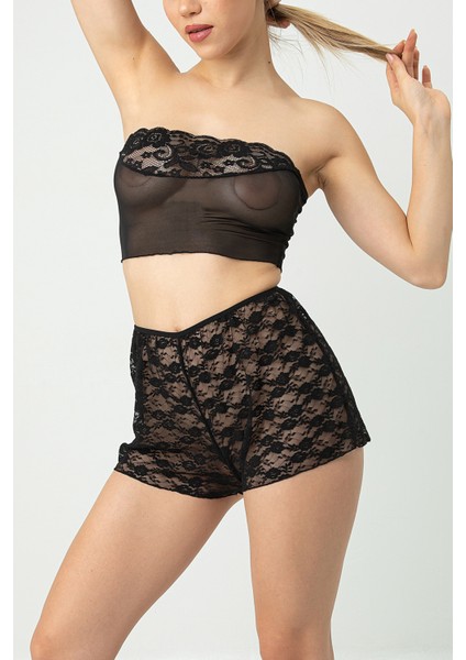 Tül Detaylı Şortlu Bralet Takım