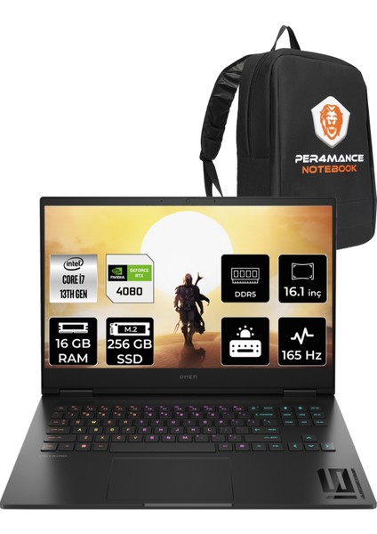 Omen 16-WF0011NT Intel Core i7 13700HX 16GB 256GB SSD RTX4080/12GB 165Hz 16.1" FHD FDOS Taşınabilir Bilgisayar & PER4 Çanta 81T48EAPN336