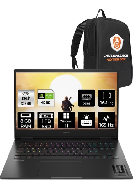 Omen 16-WF0011NT Intel Core i7 13700HX 8GB 1TB SSD RTX4080/12GB 165Hz 16.1" FHD W11H Taşınabilir Bilgisayar & PER4 Çanta 81T48EAPN380