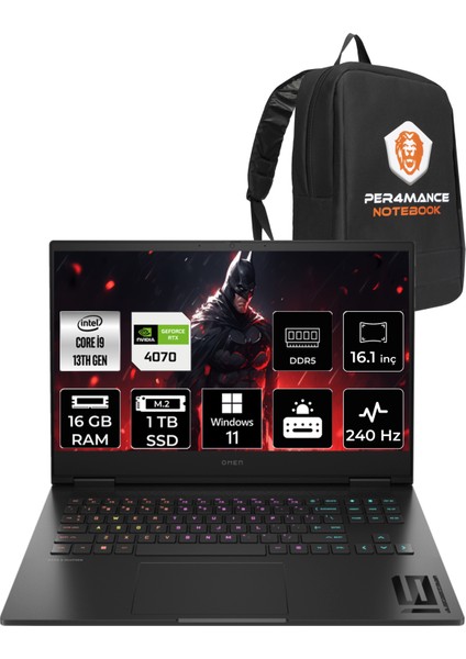 Omen 16-WF0015NT Intel Core i9 13900HX 16GB 1TB SSD RTX4070/8GB 240Hz 16.1" QHD W11P Taşınabilir Bilgisayar & PER4 Çanta 7Q7W7EAPN464