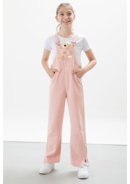 Somon Ayıcık Cepli Yırtmaçlı Kız Çocuk Salopet Tulum 17717