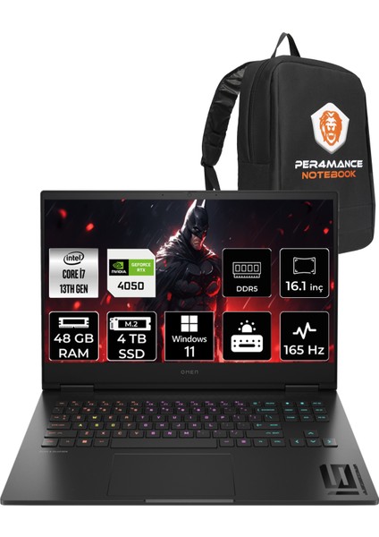 Omen 16-WF0031NT Intel Core i7 13700HX 48GB 2TB SSD + 2TB SSD RTX4050/6GB 165Hz 16.1" FHD W11H Taşınabilir Bilgisayar & PER4 Çanta 7Q7Y1EAPN413