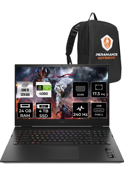 Omen 17 Intel Core i9 13900HX 24GB 2TB SSD + 2TB SSD RTX4080/12GB 240Hz 17.3" QHD FDOS Taşınabilir Bilgisayar & PER4 Çanta 892R1EAPN317