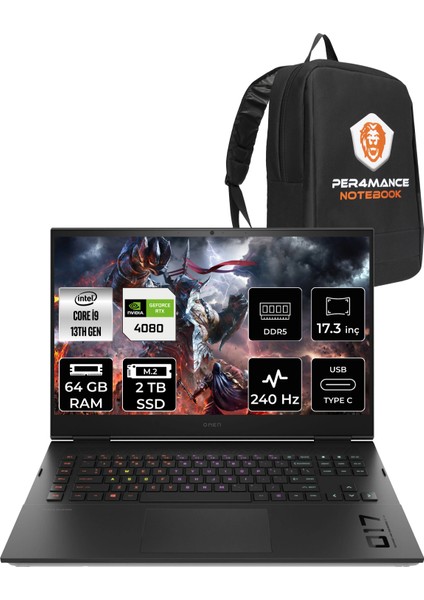 Omen 17 Intel Core i9 13900HX 64GB 2TB SSD RTX4080/12GB 240Hz 17.3" QHD FDOS Taşınabilir Bilgisayar & PER4 Çanta 892R1EAPN340