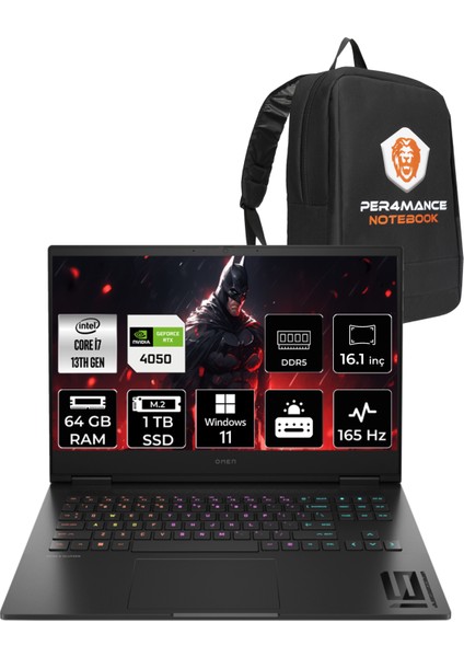 Omen 16-WF0031NT Intel Core i7 13700HX 64GB 1TB SSD RTX4050/6GB 165Hz 16.1" FHD W11P Taşınabilir Bilgisayar & PER4 Çanta 7Q7Y1EAPN465