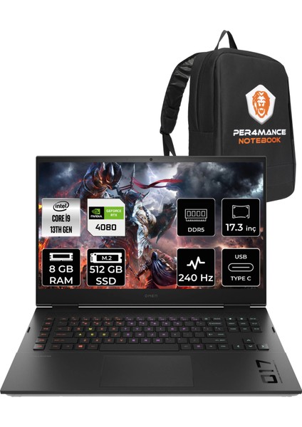 Omen 17 Intel Core i9 13900HX 8GB 512GB SSD RTX4080/12GB 240Hz 17.3" QHD FDOS Taşınabilir Bilgisayar & PER4 Çanta 892R1EAPN302