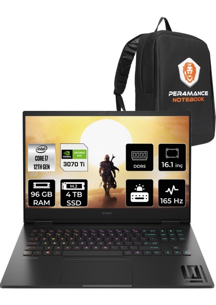 Omen 16-K0008NT Intel Core i7 12700H 96GB 4TB SSD RTX3070Ti/8GB 165Hz 16.1" QHD FDOS Taşınabilir Bilgisayar & PER4 Çanta 7H8Z5EAPN377