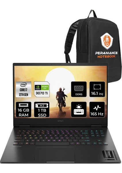 Omen 16-K0008NT Intel Core i7 12700H 96GB 4TB SSD RTX3070Ti/8GB 165Hz 16.1" QHD FDOS Taşınabilir Bilgisayar & PER4 Çanta 7H8Z5EAPN377