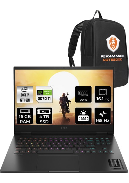 Omen 16-K0008NT Intel Core i7 12700H 16GB 4TB SSD RTX3070Ti/8GB 165Hz 16.1" QHD FDOS Taşınabilir Bilgisayar & PER4 Çanta 7H8Z5EAPN341