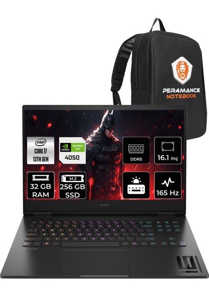 Omen 16-WF0031NT Intel Core i7 13700HX 32GB 256GB SSD RTX4050/6GB 165Hz 16.1" FHD FDOS Taşınabilir Bilgisayar & PER4 Çanta 7Q7Y1EAPN349