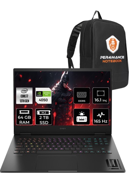 Omen 16-WF0031NT Intel Core i7 13700HX 64GB 2TB SSD RTX4050/6GB 165Hz 16.1" FHD FDOS Taşınabilir Bilgisayar & PER4 Çanta 7Q7Y1EAPN370