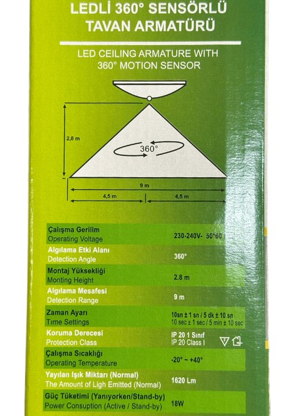 18W Ledli (Beyaz Işık) 360 Derece Sensörlü Tavan Armatürü NV003