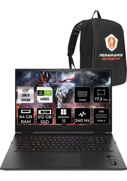 Omen 17 Intel Core i9 13900HX 64GB 512GB SSD RTX4080/12GB 240Hz 17.3" QHD W11P Taşınabilir Bilgisayar & PER4 Çanta 7P6D5EAPN434