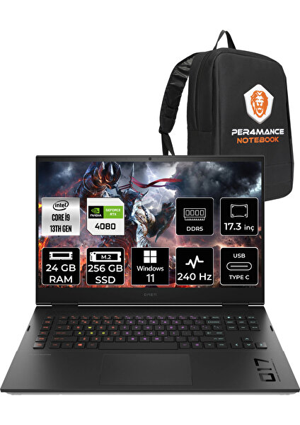 Omen 17 Intel Core i9 13900HX 24GB 256GB SSD RTX4080/12GB 240Hz 17.3" QHD W11H Taşınabilir Bilgisayar & PER4 Çanta 892R1EAPN361