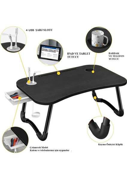 Laptop Standı Usb'li Çekmeceli Çocuk Çalışma Sehpası Yatak Sehpası Ders Çalışma Masası Ders Masası P