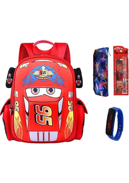 Kırmızı Küçük Dört Parçalı Çocuk Okul Çantası Ilkokul Çocuğu Karikatür Araba Büyük Kapasiteli Aşınmaya Dayanıklı Sırt Çantası (Yurt Dışından)