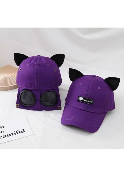 Mor Çocuk Kedi Kulaklı Aviator Güneş Gözlüğü Şapkası (Yurt Dışından)