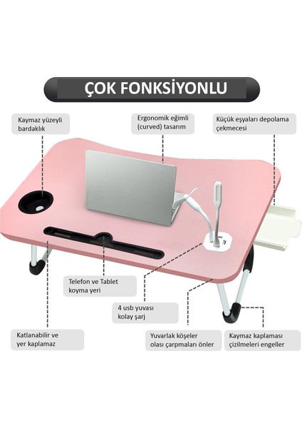 Laptop Standı Usb'li Çekmeceli Çocuk Çalışma Sehpası Yatak Sehpası Ders Çalışma Masası Ders Masası P