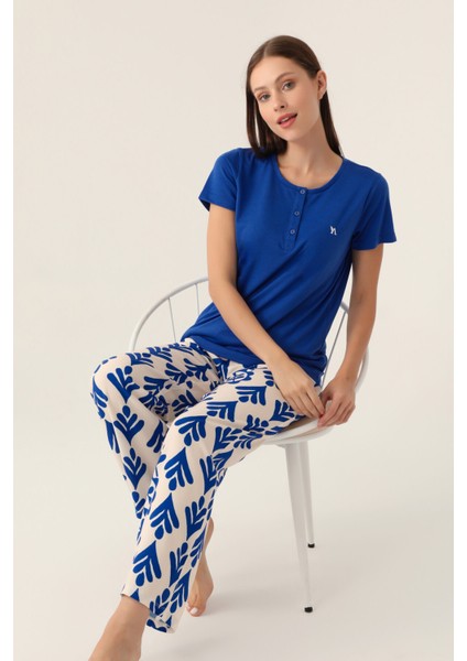 Patterned Mavi Kadın Kısa Kol Pijama Takımı modelleri