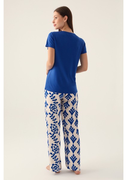 Patterned Mavi Kadın Kısa Kol Pijama Takımı indirimleri