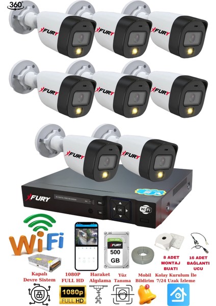 8 Kameralı Gece Renkli 1080P 2Mp Görüntü Full Hd Ultra Led Gece Renkli Güvenlik Kamerası Seti 500GB