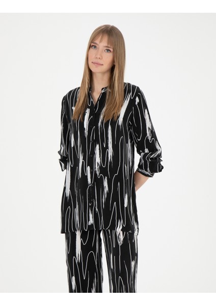 Kadın Siyah Comfort Fit Uzun Kollu Gömlek 50284765-VR046