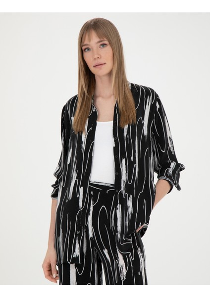 Kadın Siyah Comfort Fit Uzun Kollu Gömlek 50284765-VR046