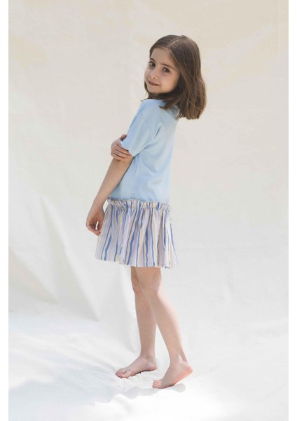 Bambu Kısa Kollu Takma Etekli Elbise Mavi