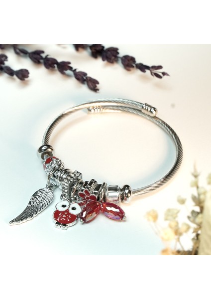 Kırmızı Baykuş Charmlı Silver Çelik Kararmaz Bileklik