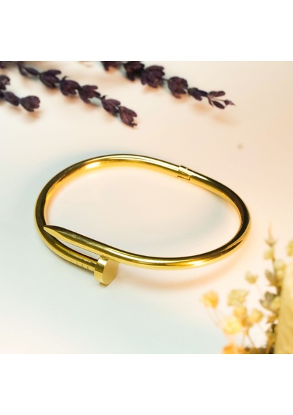 Çivi Model Gold Çelik Kararmaz Kelepçe Bileklik