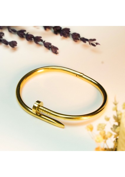 Çivi Model Gold Çelik Kararmaz Kelepçe Bileklik
