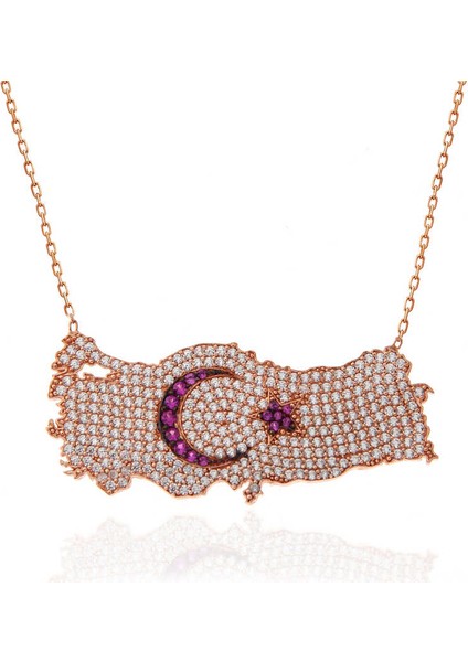 Gümüş Rose Ay Yıldız Türkiye Haritası Kadın Kolye