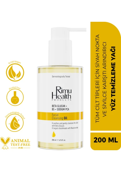 Rimu Health Products Tüm Cilt Tipleri İçin Siyah Nokta ve Sivilce Karşıtı Arındırıcı Yüz Temizleme Yağı 200 ml