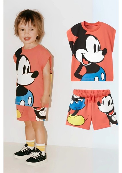 Çocuk Mickey Mouse Baskılı Pamuklu Bisiklet Yaka T-Shirt ve Şort Alt Üst Takım